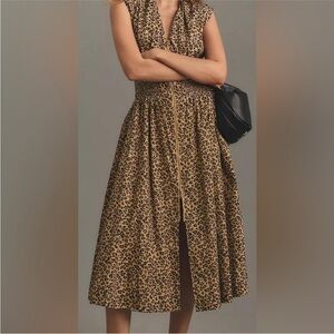 Anthropologie Leopard Print Zip Front Smocked Waist Dress XS